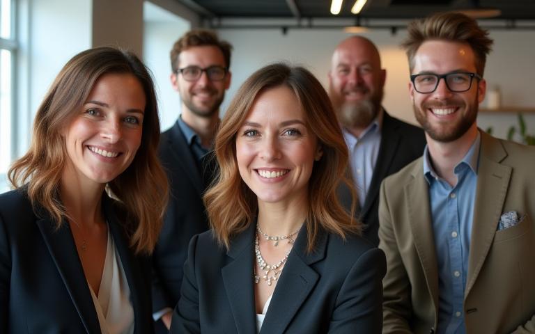Team photo of Projekt Studio members smiling in their modern Kraków office environment