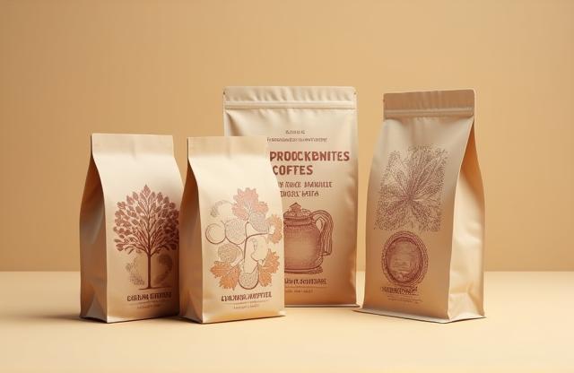 Creative product packaging examples for Artisan Coffee Co., showing coffee bag designs with unique illustrations
