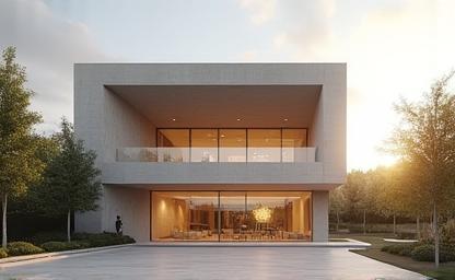 Realistic 3D architectural building rendering with detailed facade
